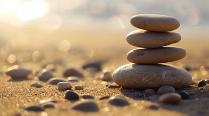 Tranquil Zen Stones: Embodying Serene Meditation Concept, Harmony in Nature, and Sunset Pebble Stack, Inviting Mindfulness and Peaceful Sandy Beach Calm.