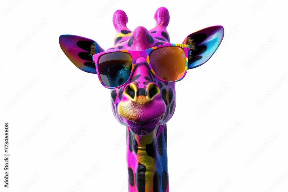 Aufkleber A vibrant and fun image of a giraffe wearing sunglasses on a white background. Perfect for adding a pop of color to any project