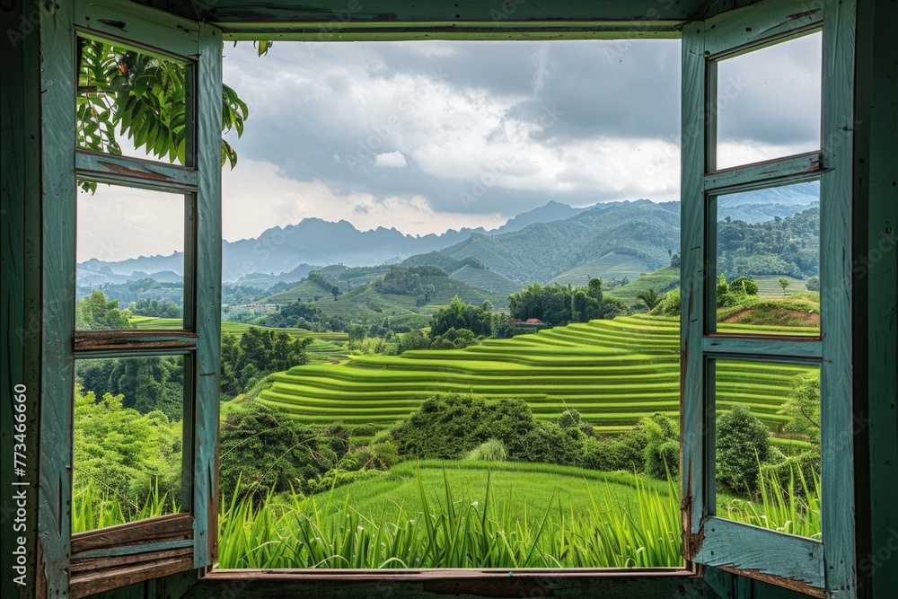 Poster A peaceful view of a green field through an open window. Suitable for nature and relaxation themes