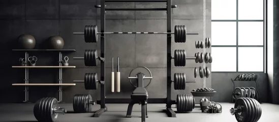 Foto op Canvas Sports equipment in the gym room. Barbells with different weights on a rack.AI generated image © Daisha