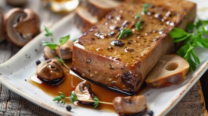 A white plate topped with meat and mushrooms. Perfect for food blogs or restaurant menus