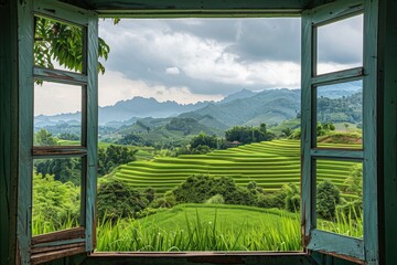A peaceful view of a green field through an open window. Suitable for nature and relaxation themes