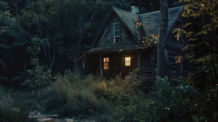 A spooky cabin deep in the dark woods, perfect for horror or mystery themes