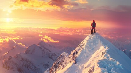 a man climbs to the top of a snowy mountain on a sunny morning.AI generated image - obrazy, fototapety, plakaty