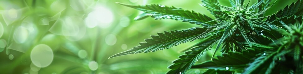 close up of cannabis plant with green background banner for advertising Generative AI - obrazy, fototapety, plakaty