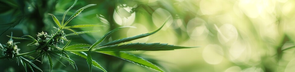 banner for advertising and sales of cannabis products, closeup of leaves and buds Generative AI - obrazy, fototapety, plakaty