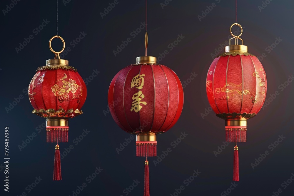 Poster three red chinese lanterns hanging from a string. perfect for festive decorations