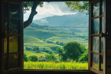 Fototapeta premium A serene valley view through an open window. Suitable for home decor or travel brochures