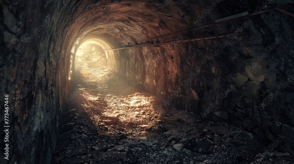 Poster a dark tunnel with a distant light, suitable for concepts of hope and breakthrough