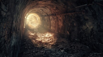 A dark tunnel with a distant light, suitable for concepts of hope and breakthrough