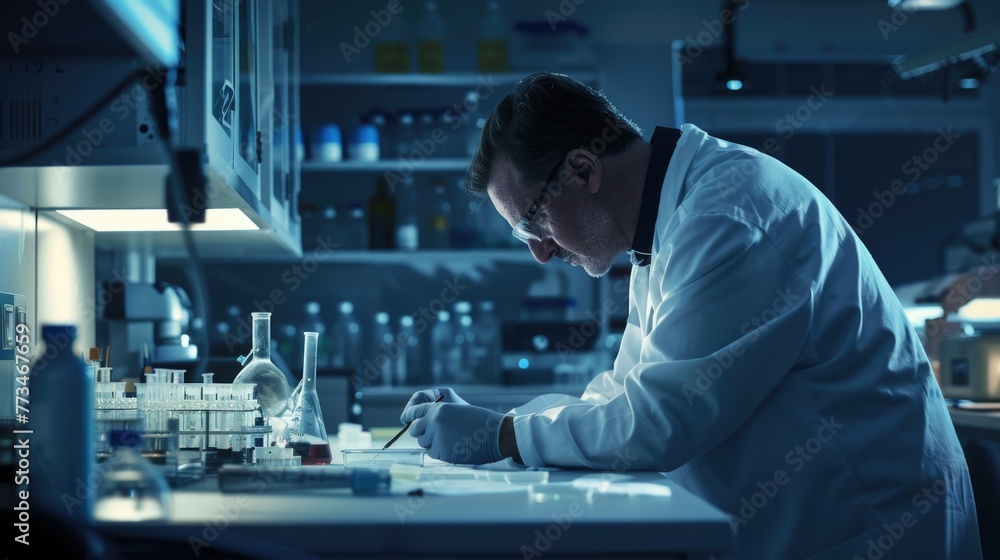 Poster a man in a lab coat working on a project. suitable for scientific or educational purposes