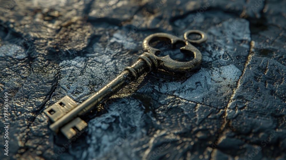 Poster A close up image of a key resting on a rock. Suitable for various concepts and designs