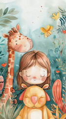 Obraz na płótnie Canvas Child embracing stuffed animals in a jungle setting - An endearing image of a child hugging a stuffed lion and giraffe surrounded by a lush jungle scene