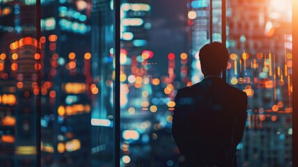 Man looking out over a futuristic cityscape at night - An evocative image of a man overlooking a city's future skyline, engrossed in urban expansion and modernity's pulse - obrazy, fototapety, plakaty