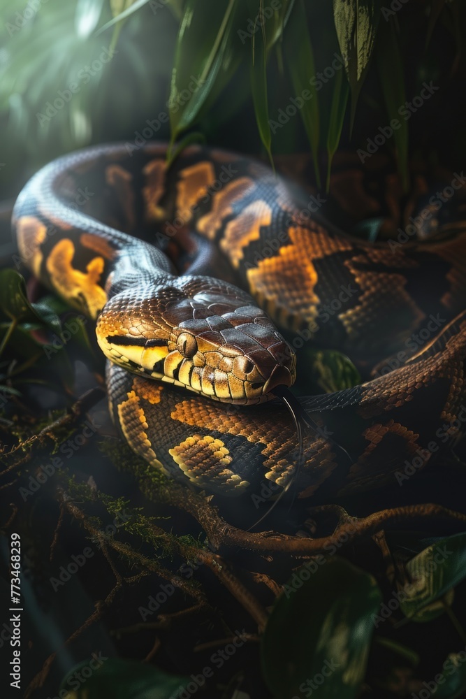 Poster close-up shot of a snake on a tree branch. perfect for nature or wildlife concepts