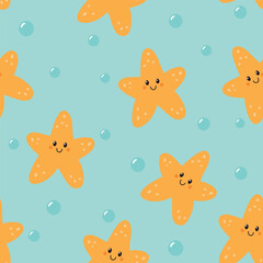 Seamless pattern with cute starfish. Summer marine background. Vector illustration. It can be used for wallpapers, wrapping, cards, patterns for clothes and other. - obrazy, fototapety, plakaty
