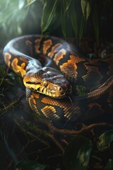 Obraz premium Close-up shot of a snake on a tree branch. Perfect for nature or wildlife concepts