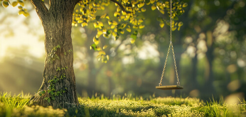 A swing hanging from a tree in a park. Perfect for outdoor and recreation concepts - obrazy, fototapety, plakaty