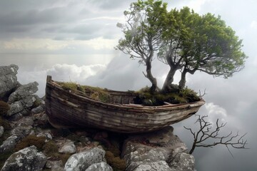 Abandoned boat on mountaintop with trees - An impossible scene, an old wooden boat rests on a rocky mountaintop, enveloped by trees and mist