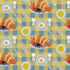 Seamless pattern with croissants, fruits, sunny side up egg, herbal tea