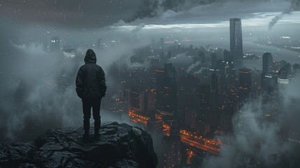 Lone observer over cityscape enveloped in fog - Atmospheric depiction of a lone observer standing atop a rocky outcrop, overlooking a city blanketed in fog - obrazy, fototapety, plakaty