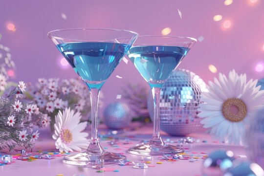 champagne glasses with blue drinks, flowers, shiny disco balls and confetti in neon pastel tones
