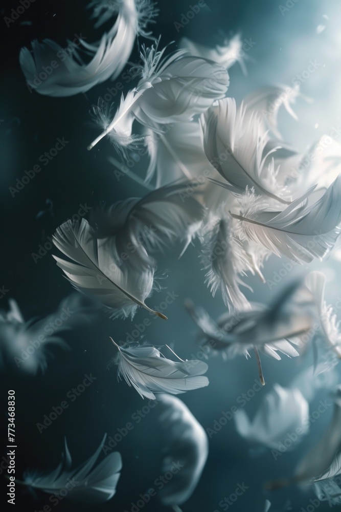 Poster a bunch of white feathers floating in the air. perfect for dreamy and ethereal concepts
