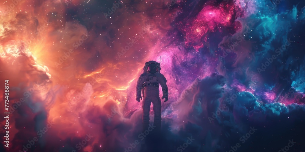 Poster astronaut standing in front of a colorful galaxy, suitable for space-themed designs