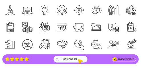 Calendar, Accounting report and Digestion line icons for web app. Pack of Checklist, Job interview, Safe time pictogram icons. Calendar graph, Stress grows, Graph chart signs. Puzzle. Vector