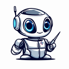 Cute cartoon robot holding a pen. Vector illustration isolated on white background.