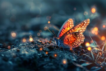 Butterfly resting on a rock with glowing orbs - Enchanting scene of a butterfly on a rock surrounded by glowing orbs and twilight ambience - obrazy, fototapety, plakaty