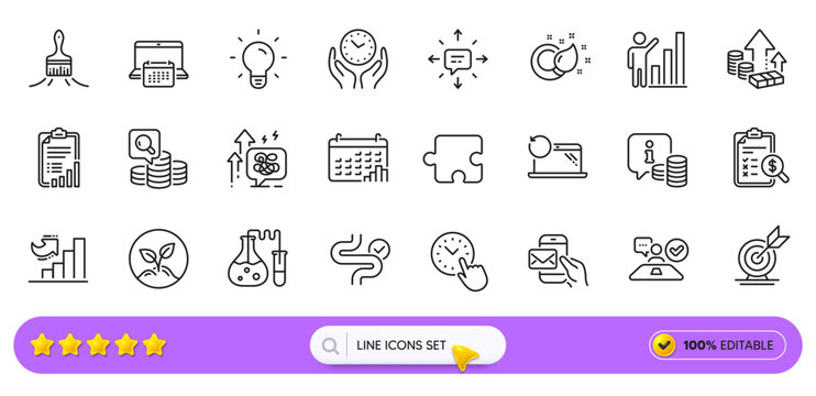 Calendar, Accounting report and Digestion line icons for web app. Pack of Checklist, Job interview, Safe time pictogram icons. Calendar graph, Stress grows, Graph chart signs. Puzzle. Vector