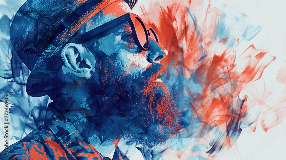 Poster a man with a beard wearing a hat and glasses. suitable for various projects