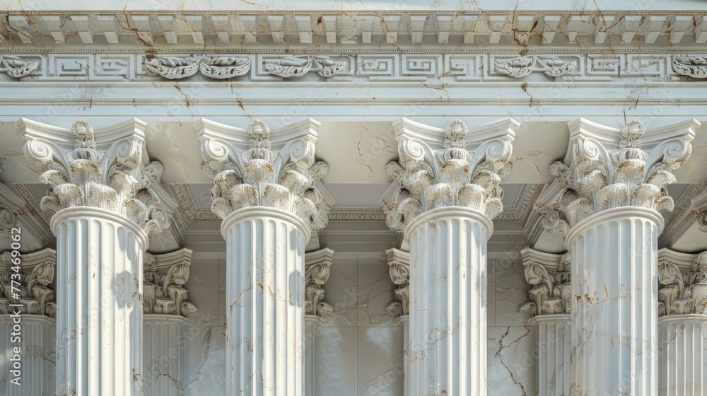 Fototapete Close up of a building with columns and a clock, suitable for architectural concepts