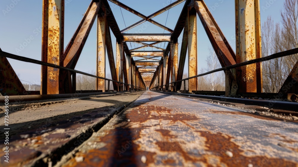 Poster an old rusty bridge with rust on it. suitable for industrial themes