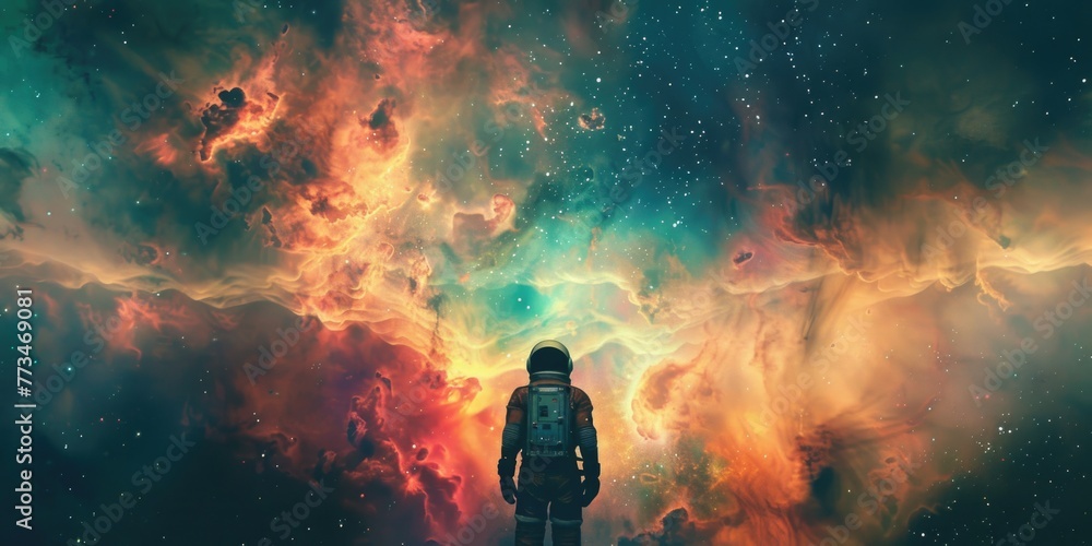 Aufkleber Astronaut in space suit with colorful nebula background. Ideal for space exploration concepts