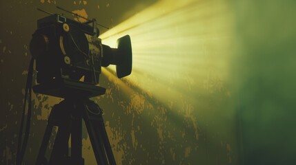 Old movie camera with a shining light. Suitable for film industry concepts
