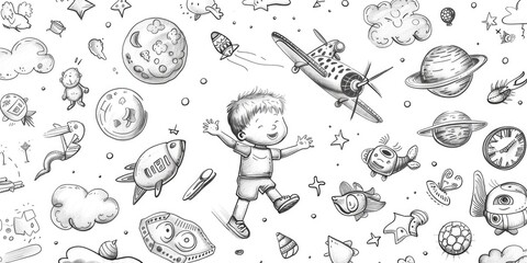 A drawing of a child surrounded by space objects. Suitable for educational materials
