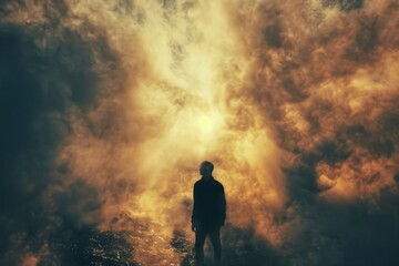 Figure shrouded in golden mist at sunrise - Mystical image of a solitary figure enveloped in dramatic golden fog, with sunlight peering through - obrazy, fototapety, plakaty