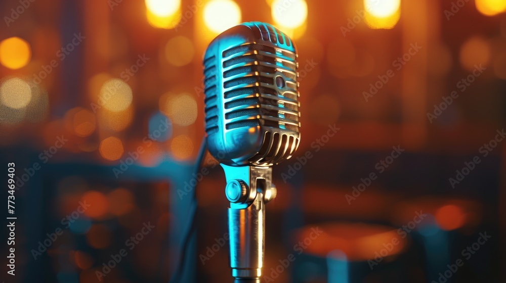 Aufkleber a close-up view of a microphone with colorful lights in the background. perfect for music events and