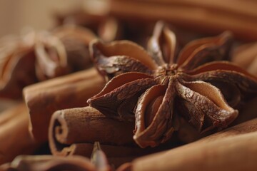 A close up of cinnamon sticks and anise star. Great for food and spice concepts - obrazy, fototapety, plakaty