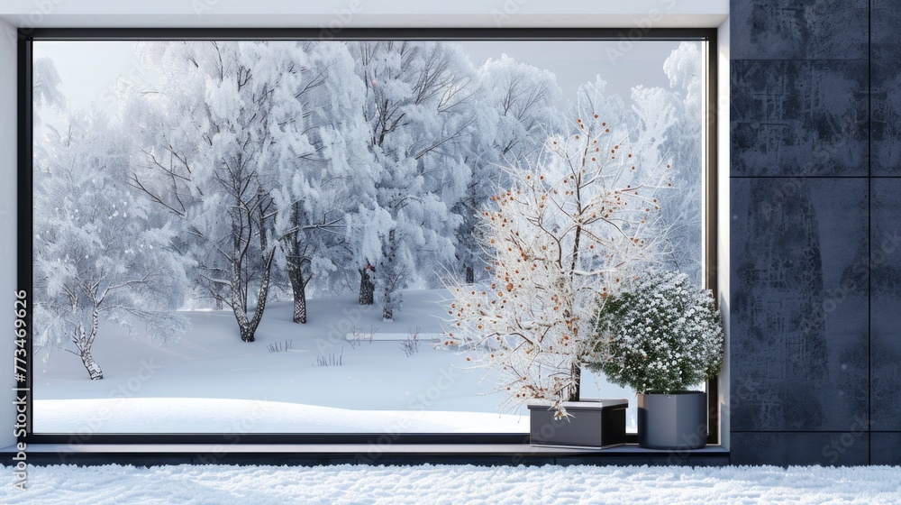 Poster a serene view of a snowy forest through a window. suitable for winter themed designs