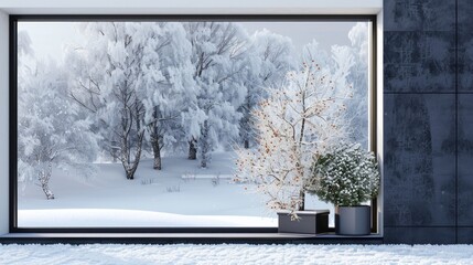 A serene view of a snowy forest through a window. Suitable for winter themed designs
