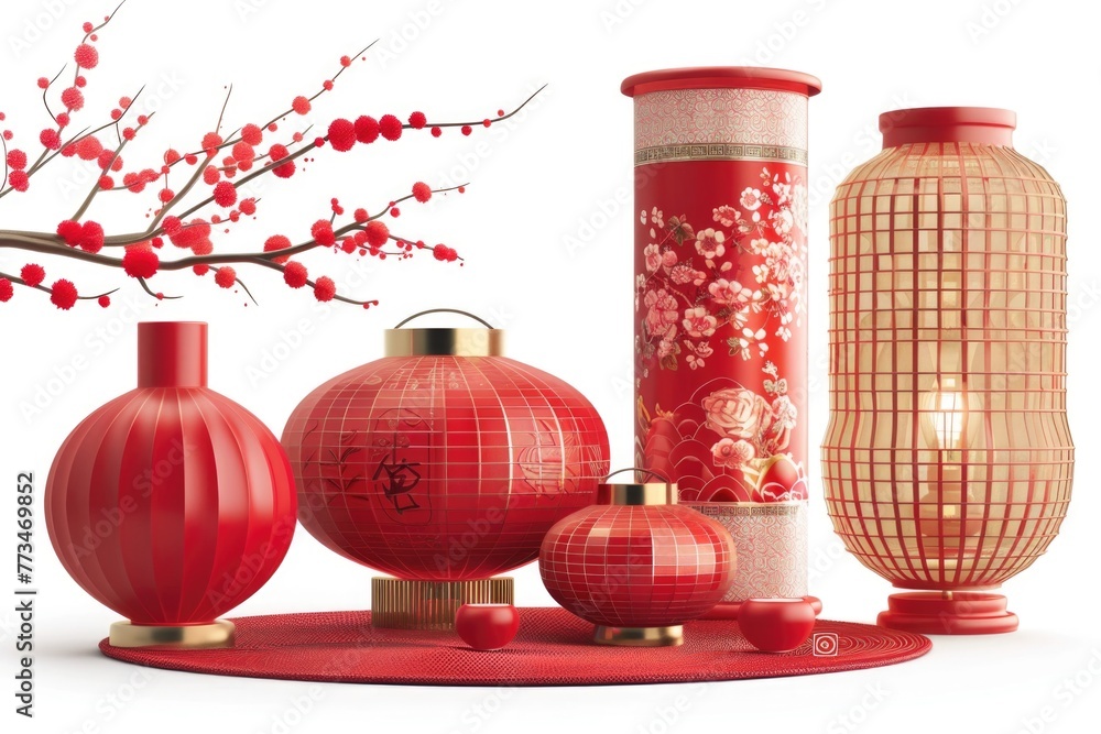 Poster a group of red vases sitting on a table. suitable for home decor concepts