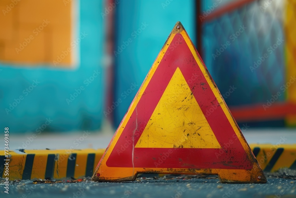 Poster a yellow and red triangular sign on the side of a road. ideal for traffic safety concepts