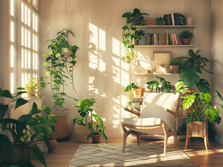 A cozy living room with plants and sunlight streaming through the window onto an armchair and bookshelves, creating a warm atmosphere