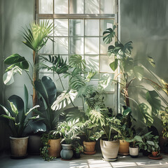 A collection of potted plants in various sizes and shapes, including monstera leaves, stands against the wall near an open window with sunlight streaming through, casting shadows on the greenery - obrazy, fototapety, plakaty