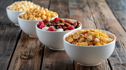 Three bowls of cereal and nuts on a wooden table. Suitable for food and nutrition concepts - obrazy, fototapety, plakaty