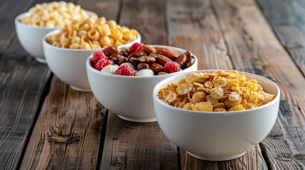 Fotobehang Three bowls of cereal and nuts on a wooden table. Suitable for food and nutrition concepts © Fotograf