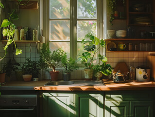 A cozy kitchen with green cabinets, potted plants on the windowsill, and sunlight streaming through the window onto the wooden countertop